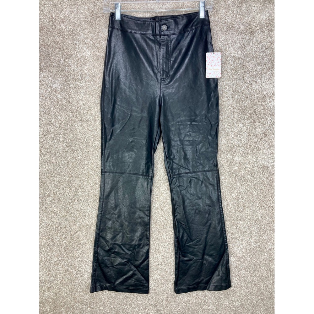 Free People High Rise Faux Leather Straight Leg Pants Women 4 Black Moto Y2K New